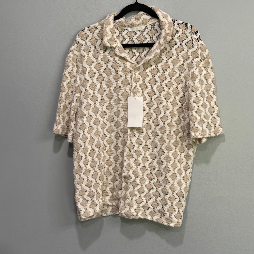 Zara Mens resort Crochet Knit Short Sleeve Button Up Shirt Cream Tan Large NEW